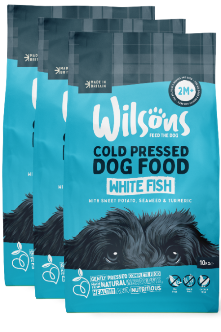 Bundle of 3 white fish cold pressed dog food with sweet potato and seaweed