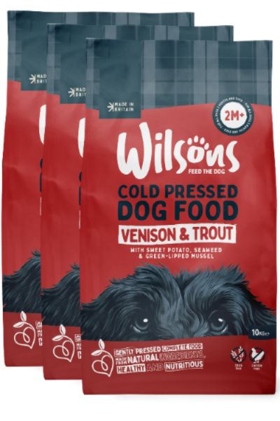 Bundle 3 pack of Venison and Trout cold pressed dog food with sweet potato, seaweed and green lipped mussel