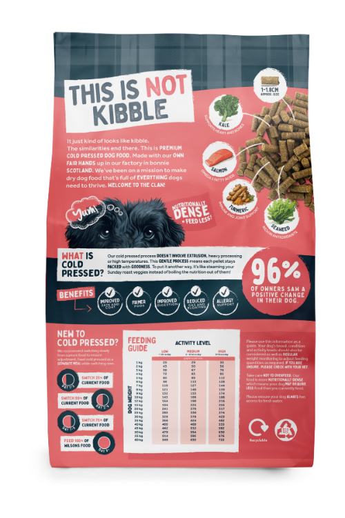 Back of pack Salmon Cold pressed food with nutritionals, ingredients and feeding guide