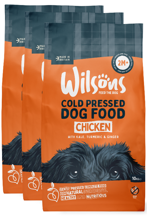 Bundle of 3 packs of Wilsons Cold Pressed Dog Food with an image of a dog and awards badges.