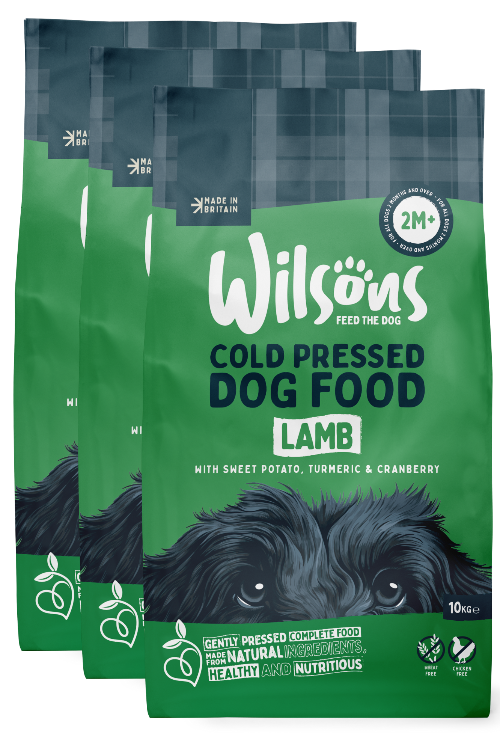Bundle of 3 bags of green lamb cold pressed dog food from Wilsons Pet Food