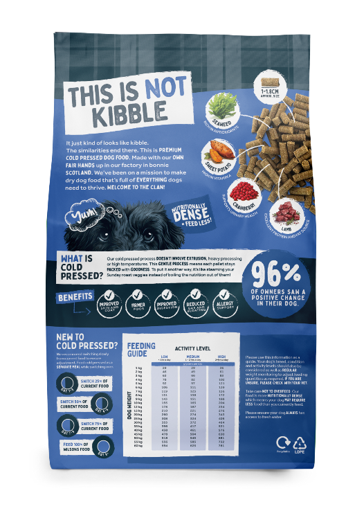 Back of bag for Haggis cold pressed food including nutritionals, feeding guide and ingredients