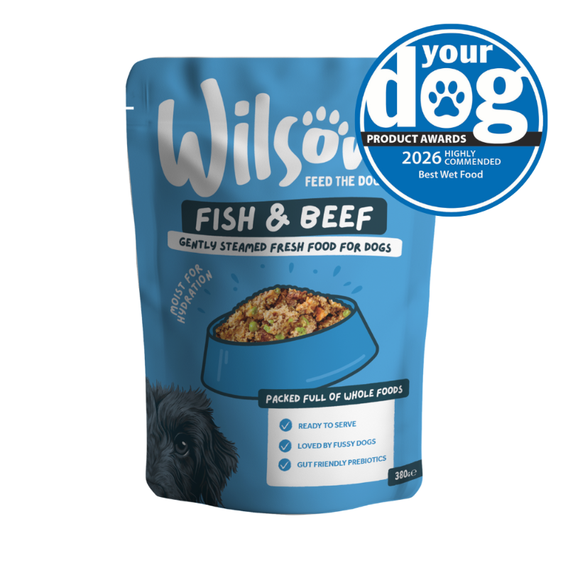 Blue package of Wilsons Fish & Beef fresh dog food with a 'Your Dog' award badge 2026 highly commended best wet food