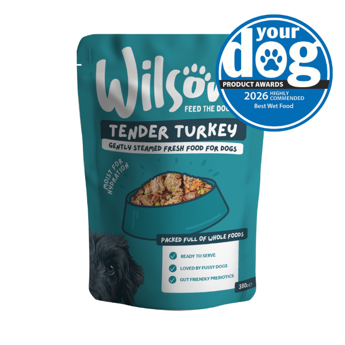 Wilson Tender Turkey fresh dog food package with a 'Your Dog' award badge 2026 highly commended best wet food