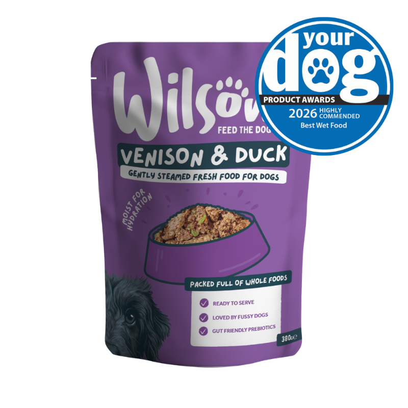Purple package of Wilson's Venison & Duck fresh dog food with a 'Your Dog' award badge 2026 highly commended best wet food