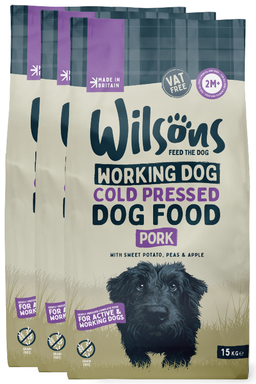 Bundle of 3 pack pork working dog food cold pressed with sweet potato peas and apple