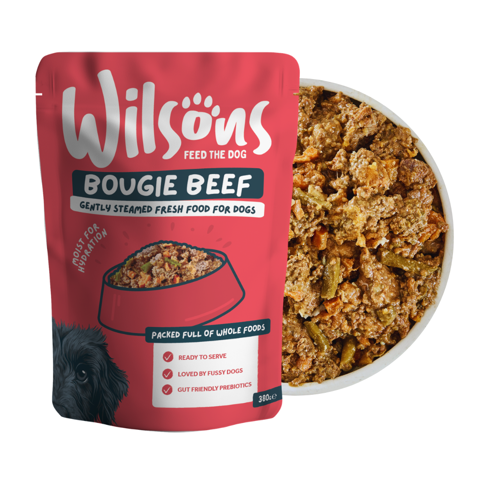 Red package of Wilsons Bougie Beef fresh dog food with a bowl of food on a white background