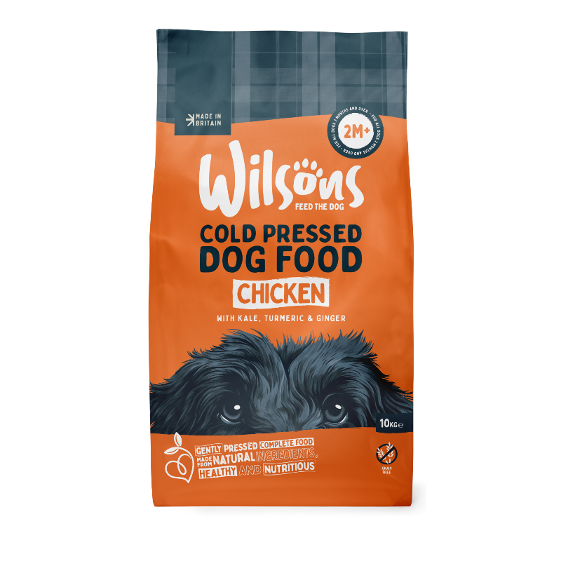Packaging of Wilsons Cold Pressed Dog Food with an image of a dog and awards badges.