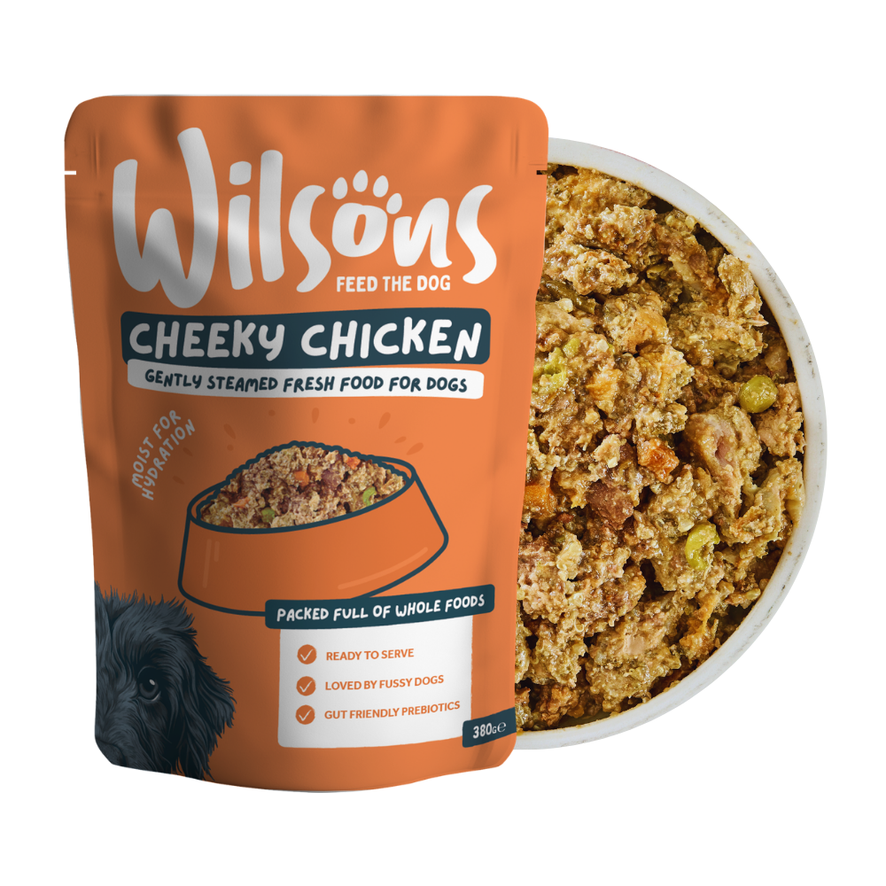 Wilsons Cheeky Chicken fresh dog food package with a bowl of food on a white background