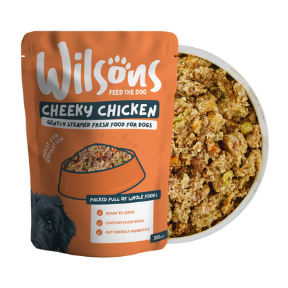 Wilsons Cheeky Chicken fresh dog food package with a bowl of food on a white background