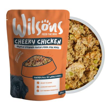 Wilsons Cheeky Chicken fresh dog food package with a bowl of fresh dog food