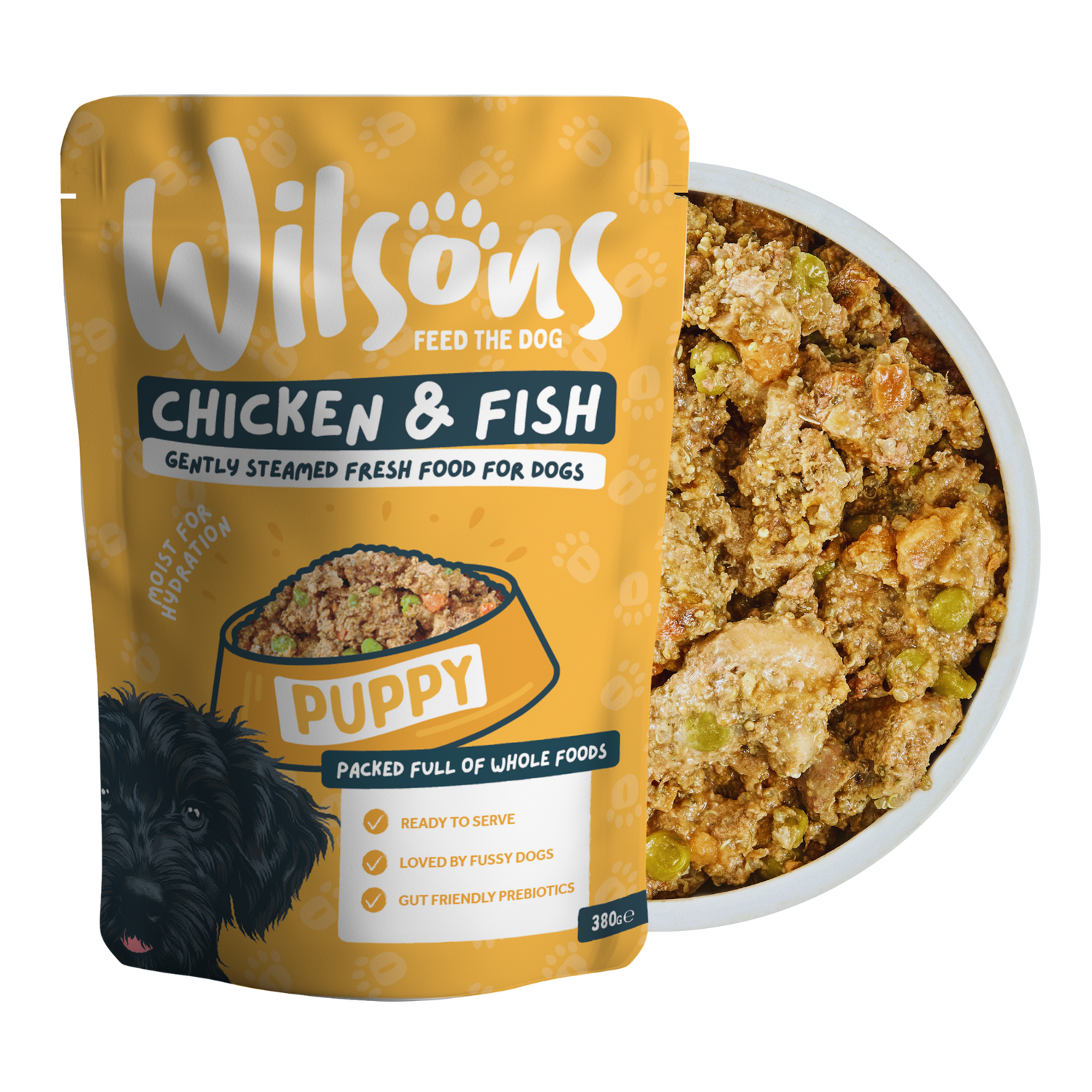 Wilsons Chicken & Fish puppy fresh dog food package with a bowl of dog food on a white background