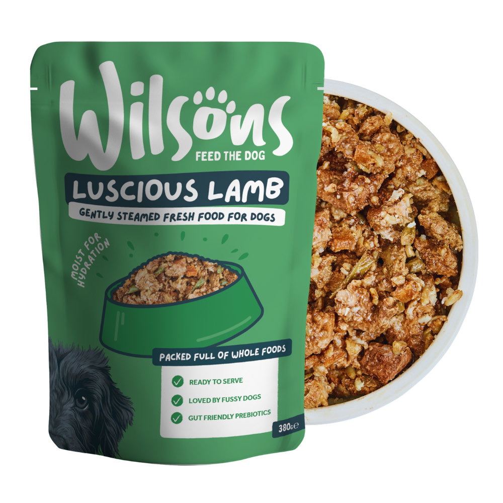 Green package of Wilsons Luscious Lamb fresh dog food with a bowl of food on a white background