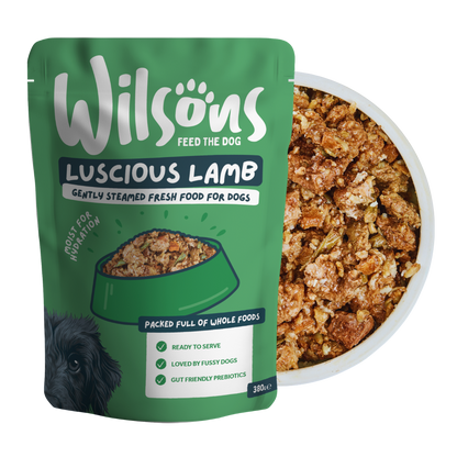 Green package of Wilsons Luscious Lamb fresh dog food with a bowl of food on a white background