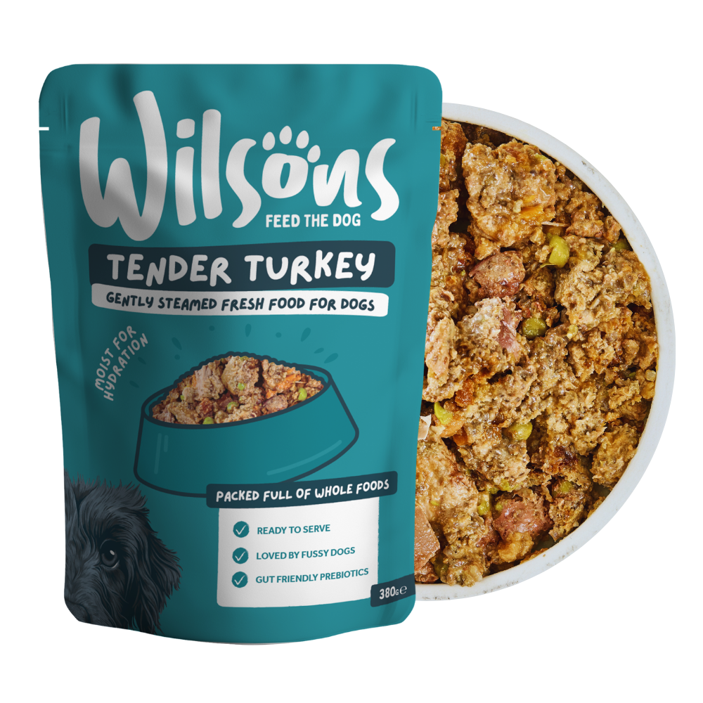 Wilsons Tender Turkey fresh dog food package with a bowl of food on a white background