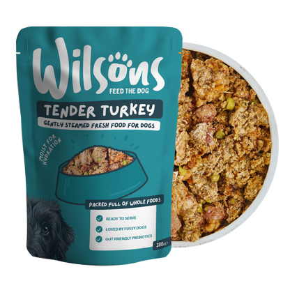Wilsons Tender Turkey fresh dog food package with a bowl of food on a white background