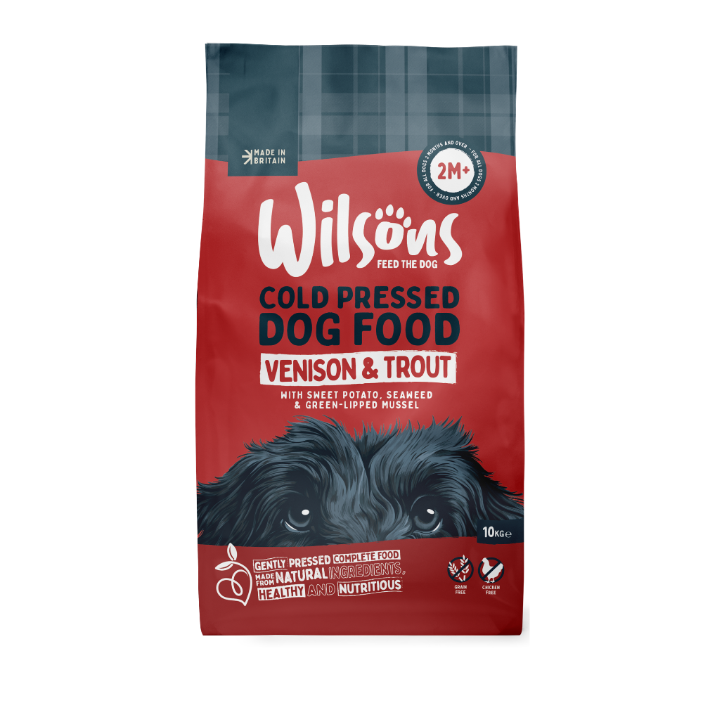 Bag of Wilsons Cold Pressed Dog Food with venison and trout on a white background