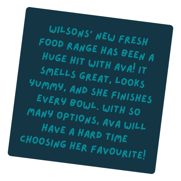 Dark blue card with teal text about Wilson's new fresh food range