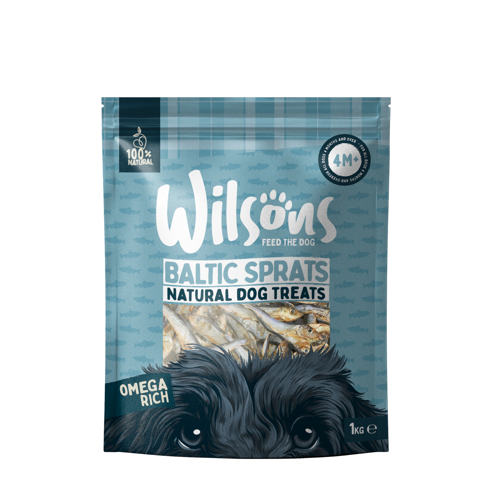 Blue bag of Wilsons Baltic Sprats bag with Omega Rich call out in size 1kg