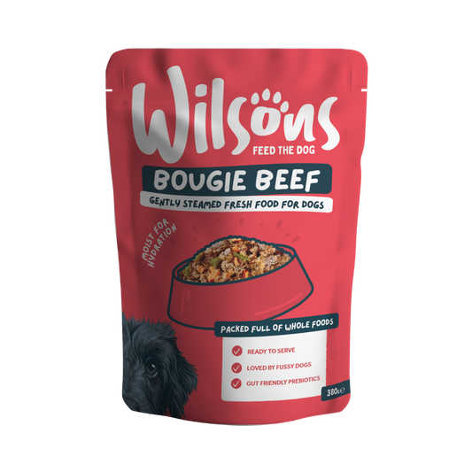 Wilsons Bougie Beef fresh dog food on a white background