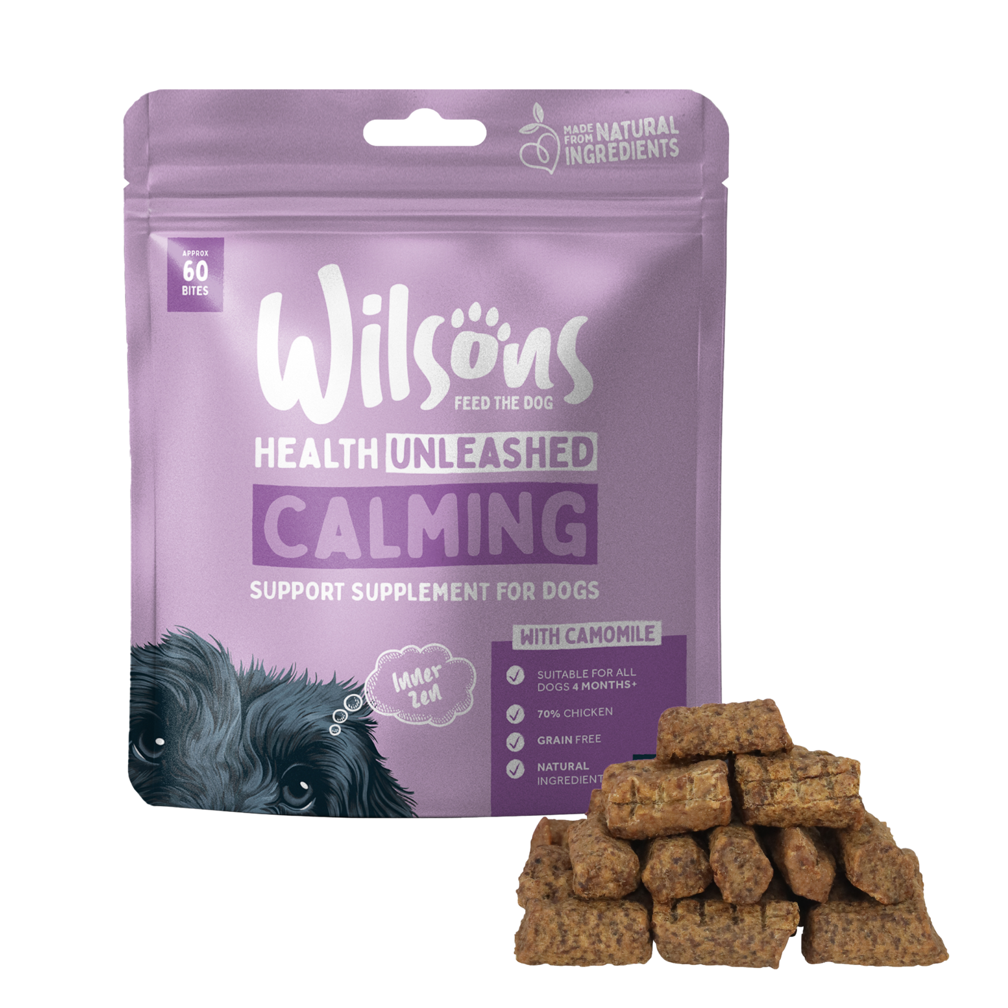 A package of Wilsons calming support supplement for dogs with a visual of the supplement tablets next to the package.