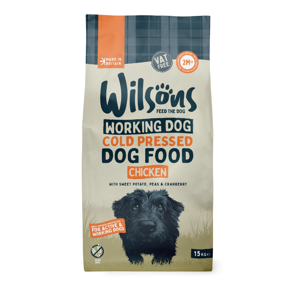 Wilsons Chicken Working Dog Cold Pressed Dog Food package with a dog on the label.
