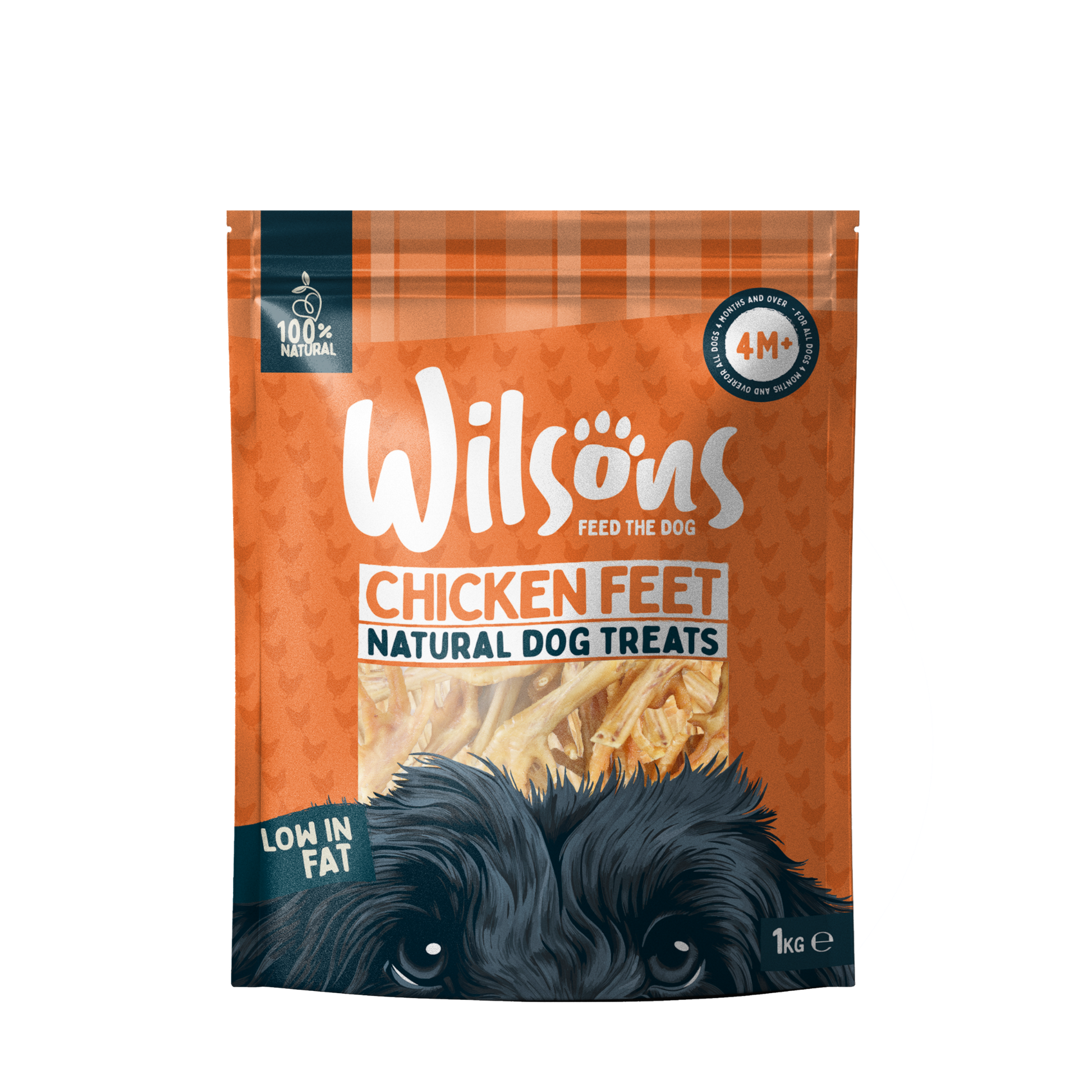 A package of Wilsons brand natural dog treats, which are chicken feet. The package displays the product and mentions that it is low in fat.