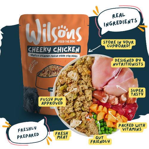 Wilsons Cheeky Chicken dog food package with ingredients displayed and promotional text - real ingredients and freshly prepared