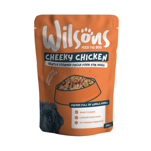 Orange package of Wilsons Cheeky Chicken dog food on a white background