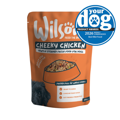 Wilsons Cheeky Chicken dog food package with a 'Your Dog' award badge 2026 highly commended best wet food