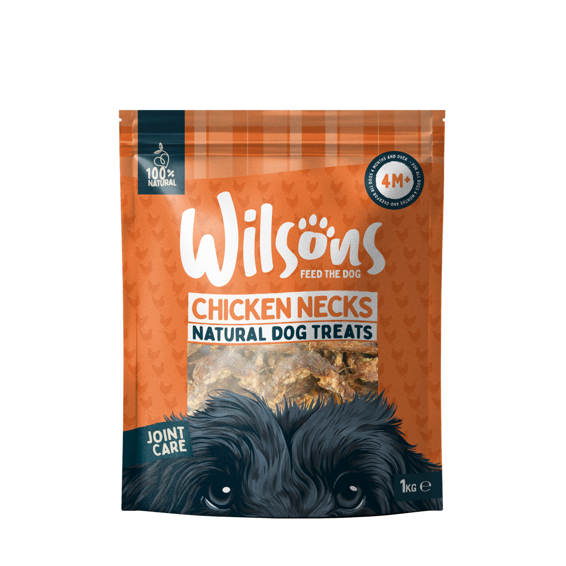 A package of Wilsons brand natural dog treats, which are air-dried chicken necks, designed for chewable consumption by dogs.