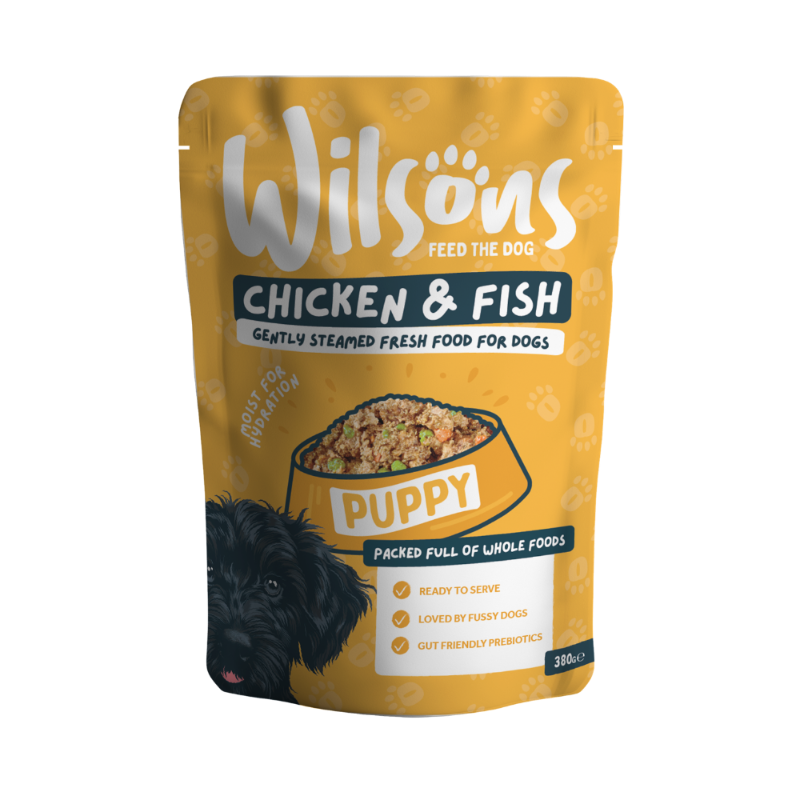 Wilsons Chicken & Fish puppy fresh food package on a white background