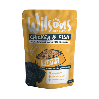 Wilsons Chicken & Fish puppy fresh food package on a white background