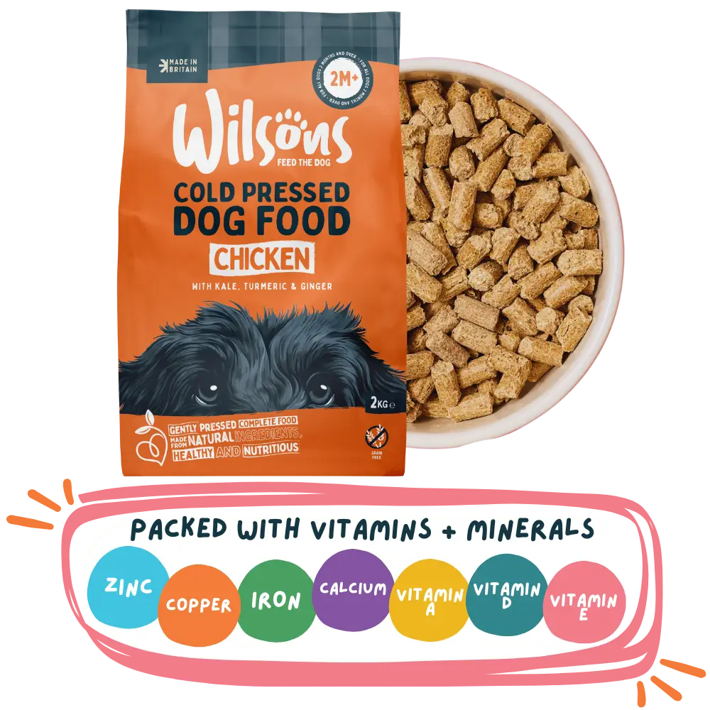 Wilson's Cold Pressed Dog Food package with a bowl of dog food and vitamin information on a white background