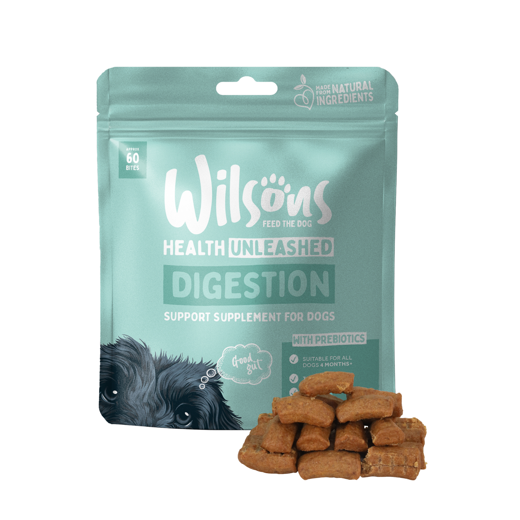 A package of Wilsons Health Unleashed Digestion Support Supplement for Dogs with chicken bites visible in front.