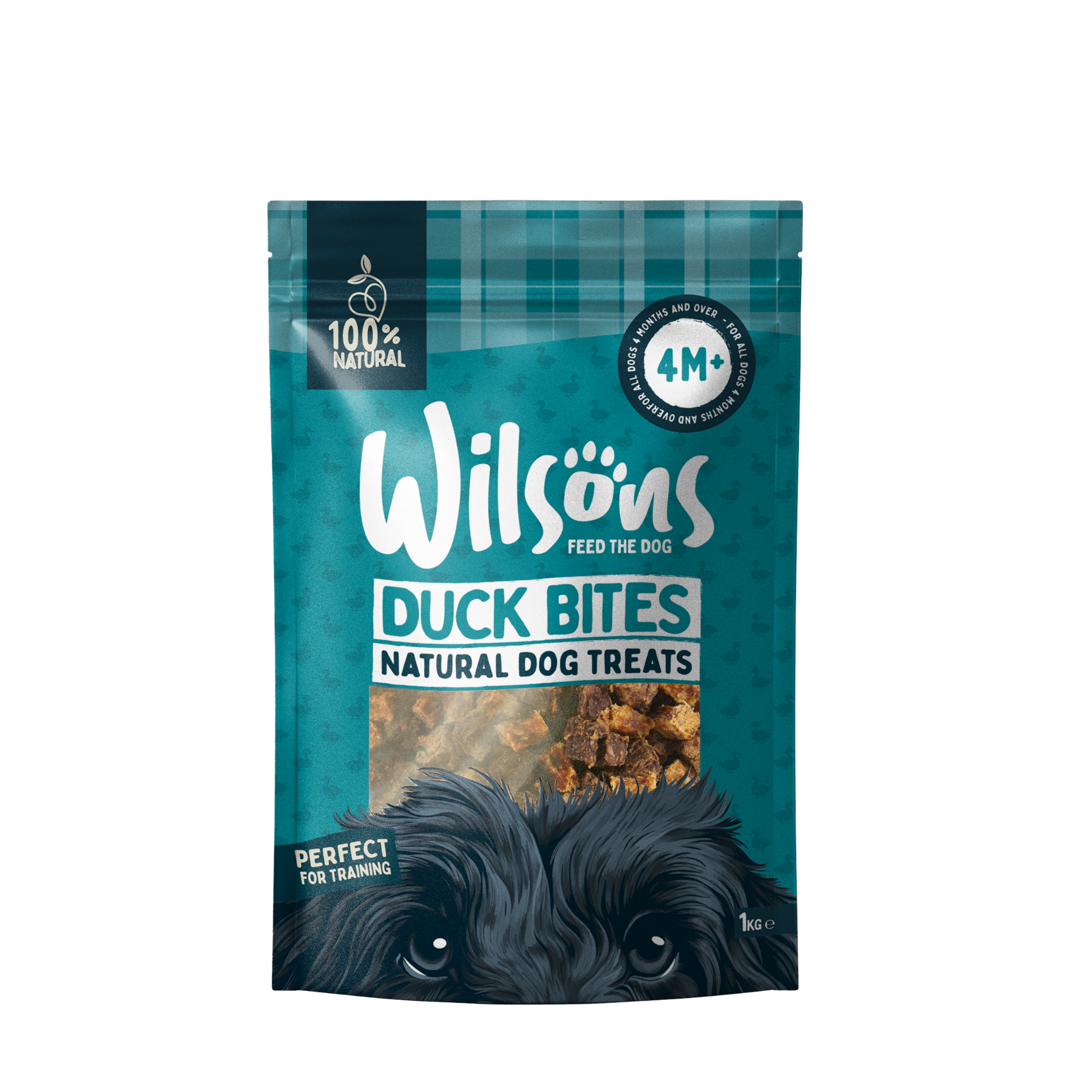 A package of Wilsons Duck Bites Natural Dog Treats with an image of the treats in front.