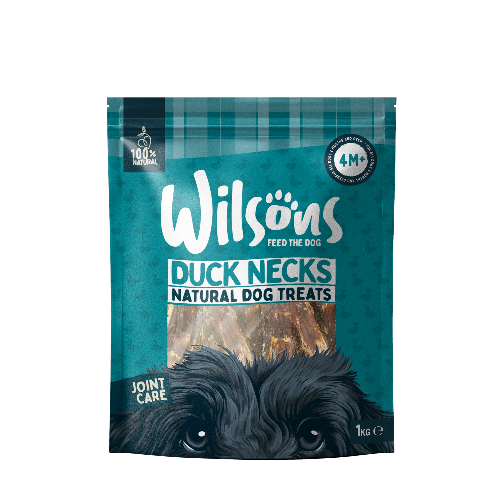 A package of Wilsons Duck Necks natural dog treats with an image of the air-dried duck neck treats in front.