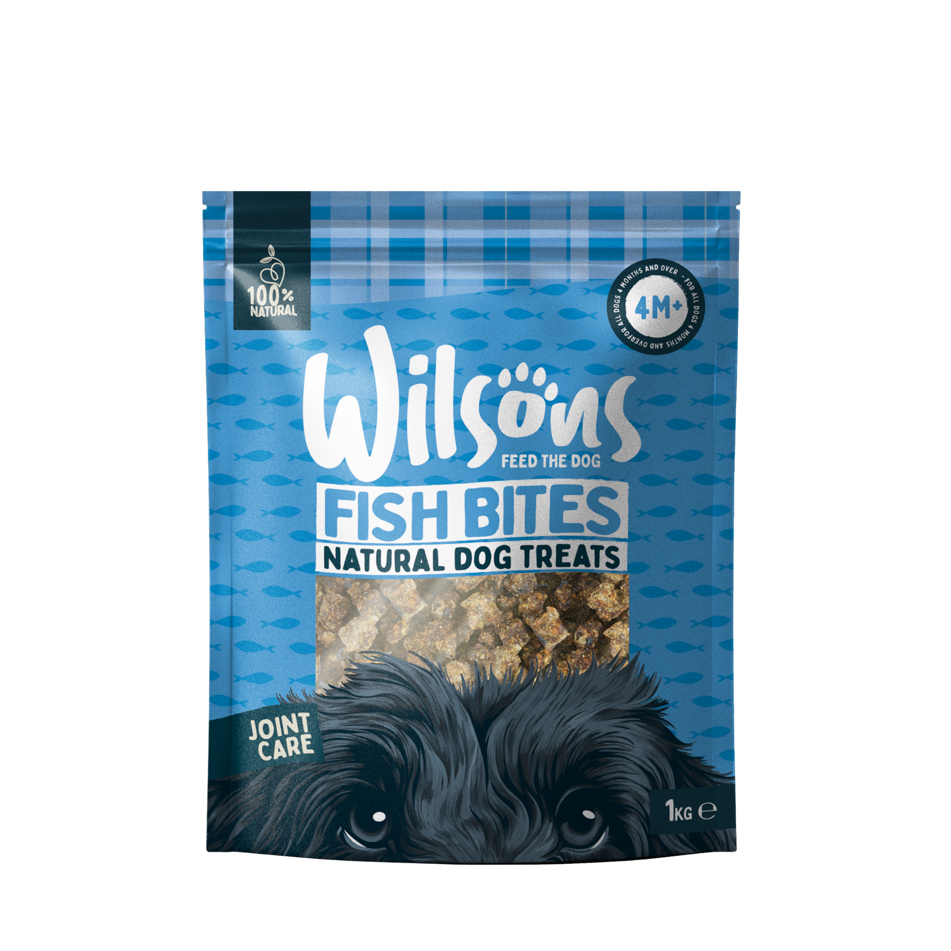 A package of Wilsons Fish Bites Natural Dog Treats with an image of the treats in front.