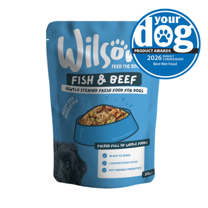 Blue package of Wilsons Fish & Beef fresh dog food with a 'Your Dog' award badge 2026 highly commended best wet food