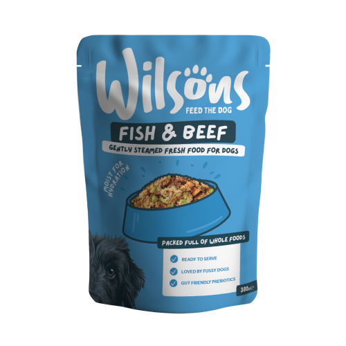 Blue package of Wilsons Fish & Beef fresh dog food