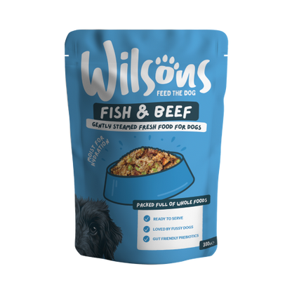 Blue package of Wilsons Fish & Beef fresh dog food