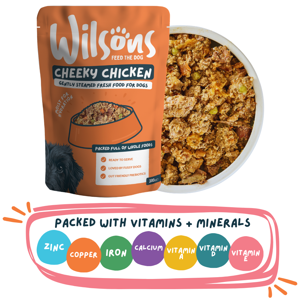 Wilsons Cheeky Chicken dog food packaging with a bowl of food and vitamin information on a white background