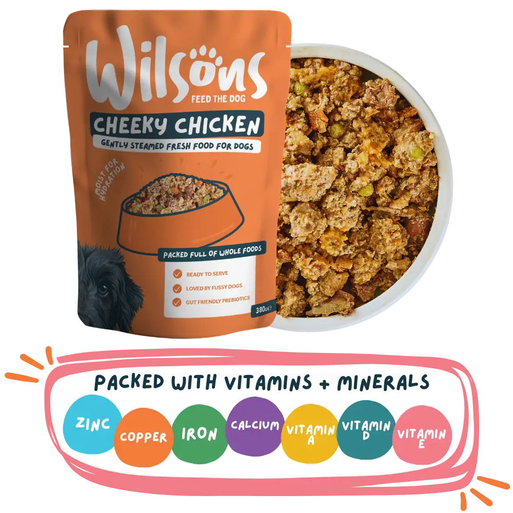 Wilsons Cheeky Chicken dog food packaging with a bowl of food and vitamin information on a white background