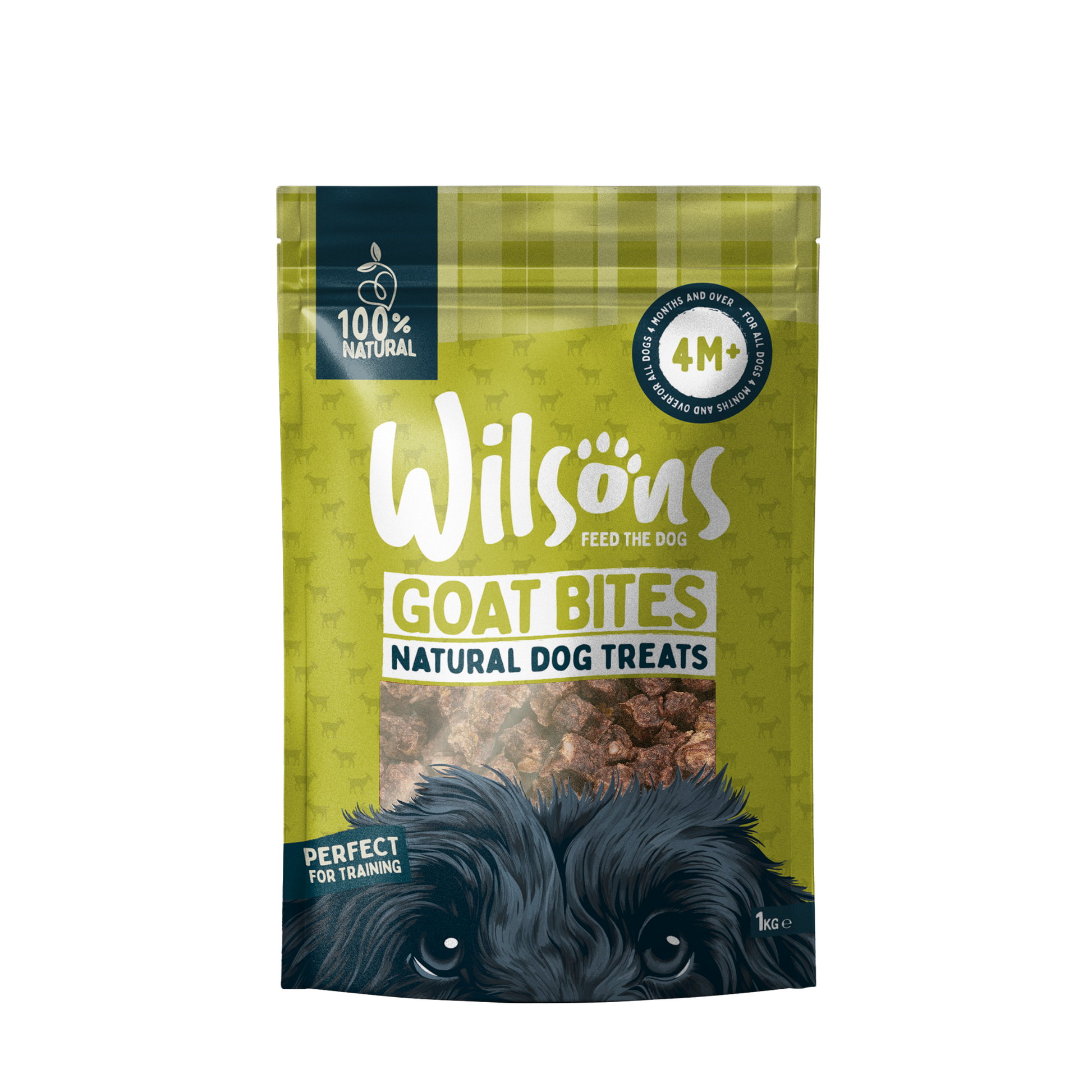 A package of Wilsons Goat Bites Natural Dog Treats with a visual representation of the bite-size treats in front.