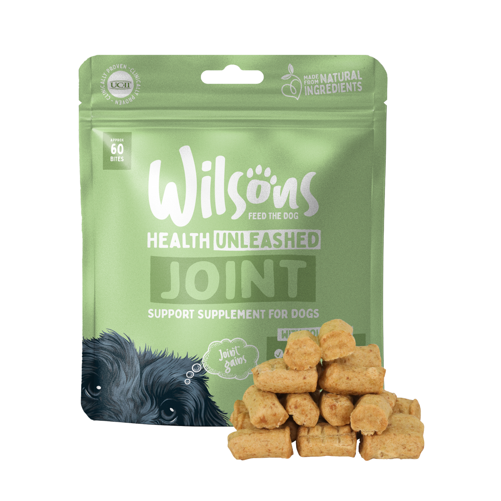 A package of Wilsons Health Unleashed joint support supplement for dogs with a stack of chicken-flavored treats in front of it.