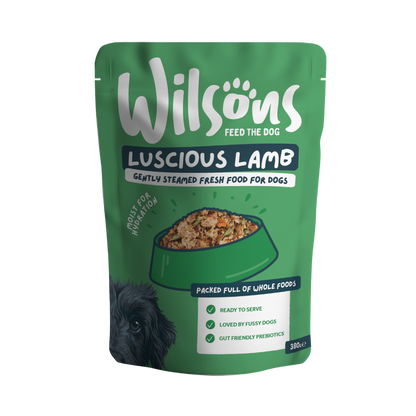 Green package of Wilsons Luscious Lamb fresh dog food on a white background