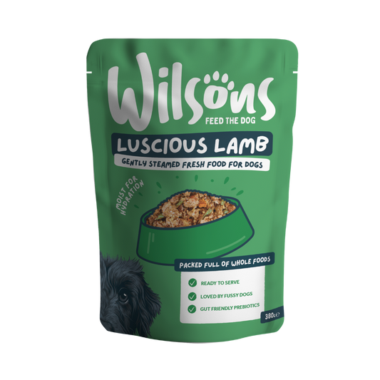 Green package of Wilsons Luscious Lamb fresh dog food on a white background