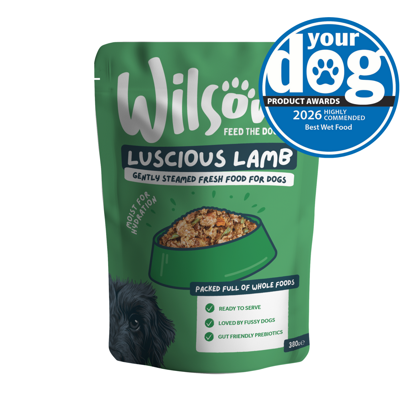 Green package of Wilson's Luscious Lamb dog food with a blue award badge 2026 highly commended best wet food