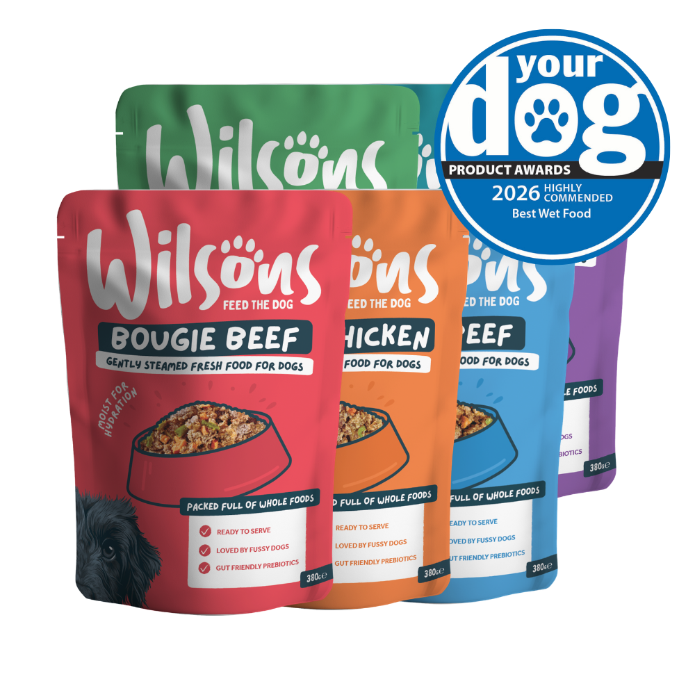 Wilsons fresh dog food mixed bundle packages in various flavors with a 2026 Product award badge 2026 highly commended best wet food