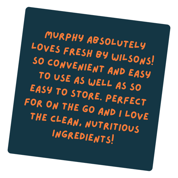 Navy blue card with orange text praising Wilsons products